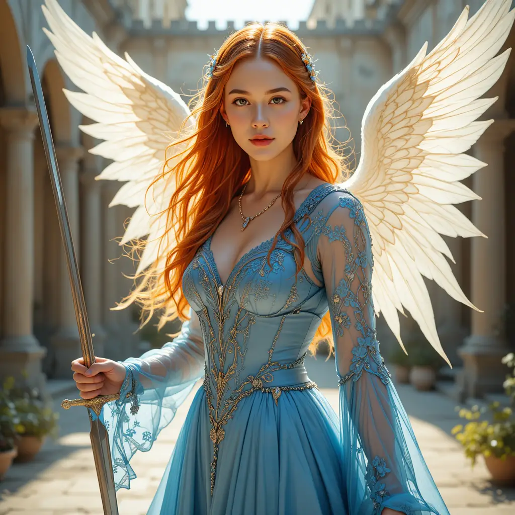 Heroic fantasy woman with dagger in a sunlit courtyard