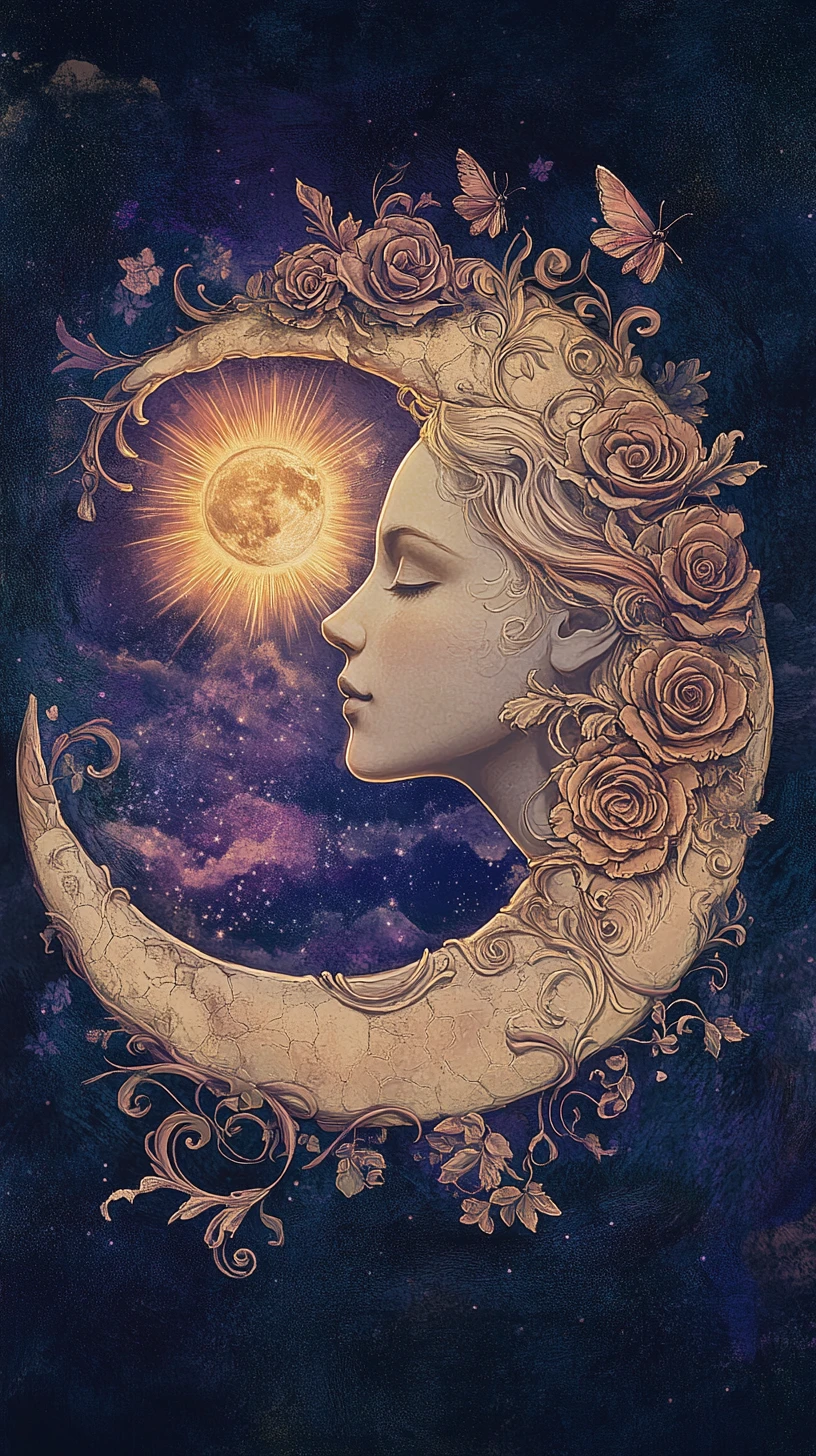 Ornate Crescent Moon Face Amid Cosmic Night Sky