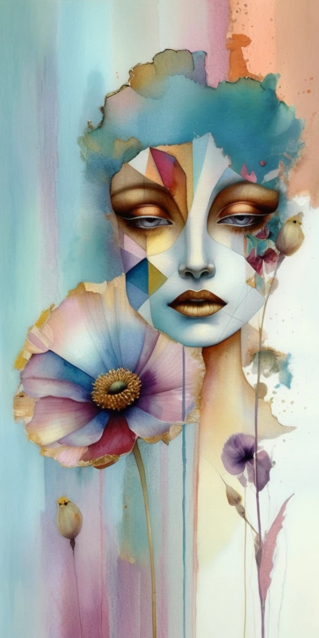 Mixed media portrait of serene woman with geometric fragments