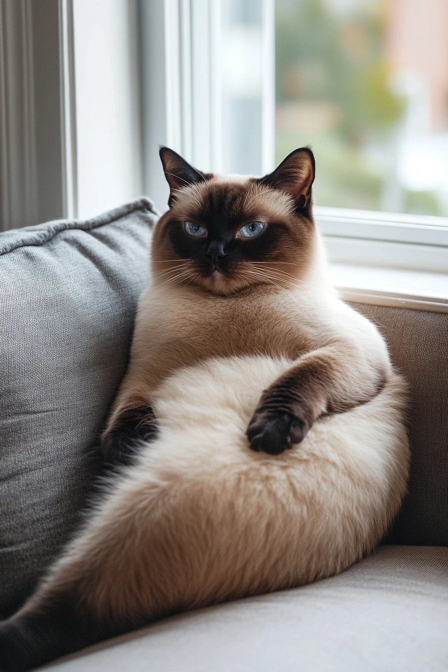 Plump siamese cat lounging on a couch by sunny window