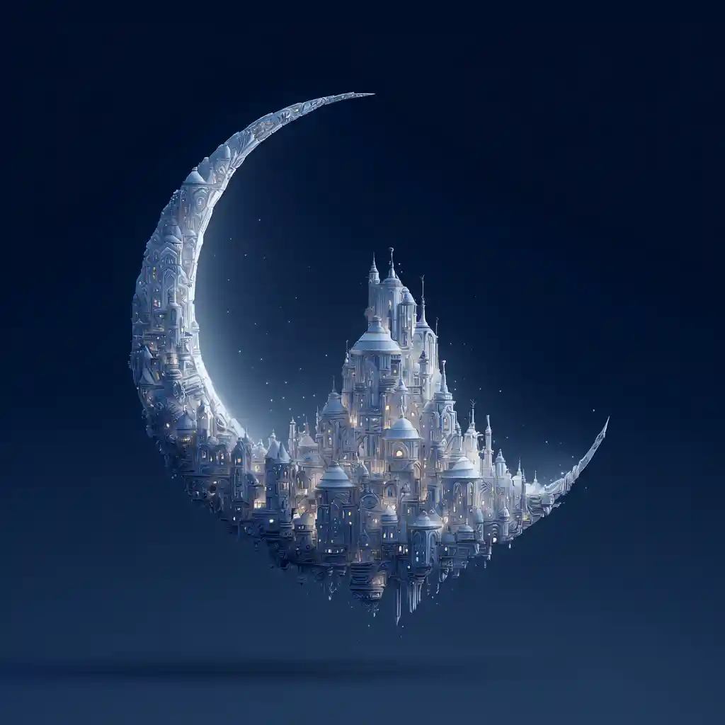 Dreamlike Moonstone City Floating Above A Serene Lunar Crescent