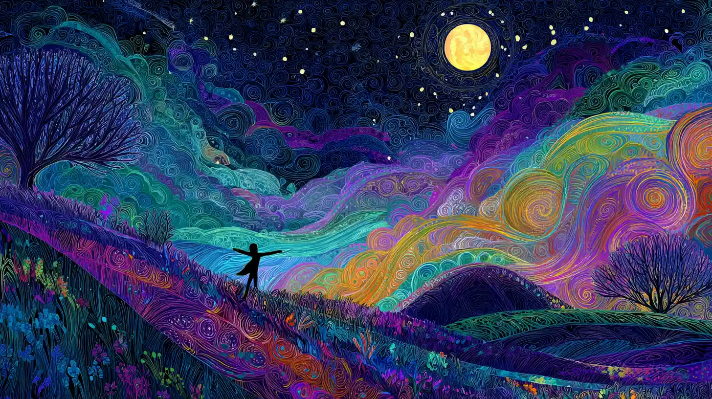 Lone dancer under a starry sky in dreamlike colors