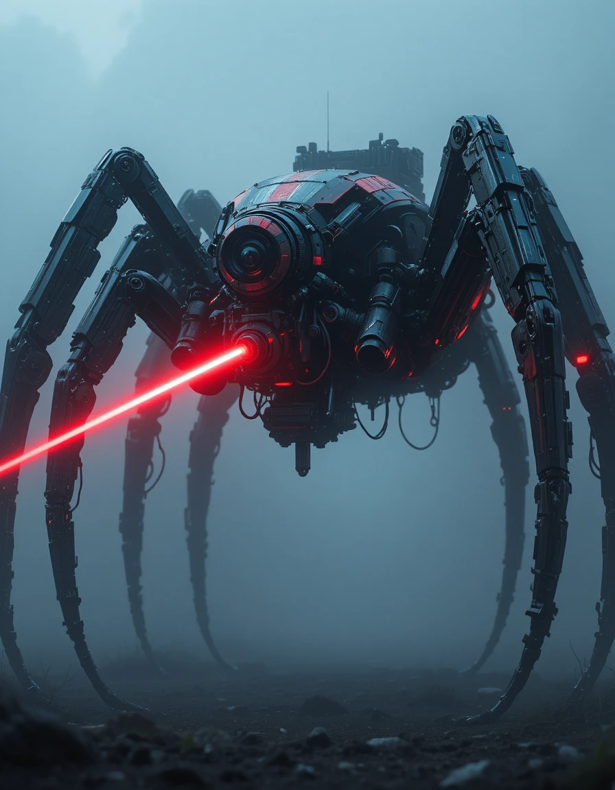 Cybernetic war spider with triple lasers in night fog