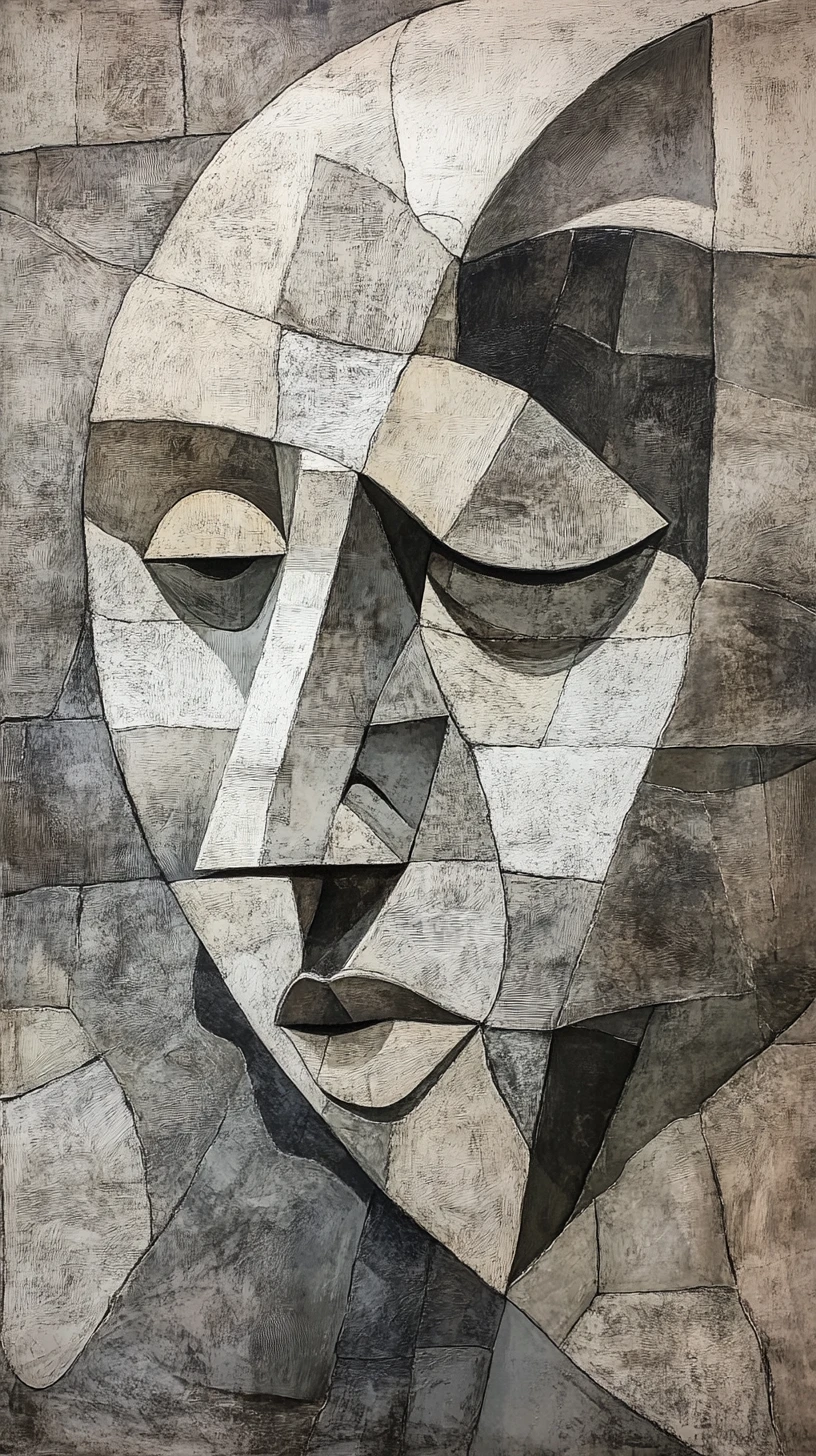 Surreal cubist portrait of two serene intertwined faces