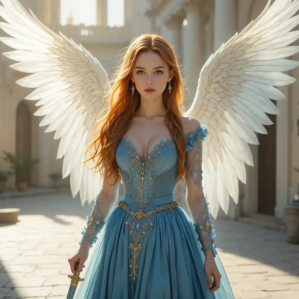 Fantasy woman with dagger in a sunlit angelic courtyard