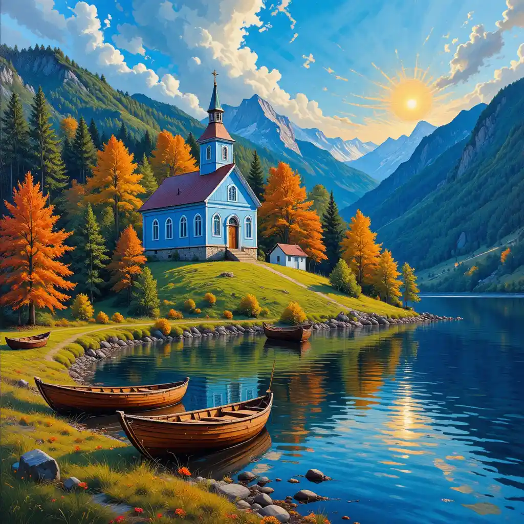 Chiesa blu sulla collina accanto a un tranquillo lago autunnale al tramonto