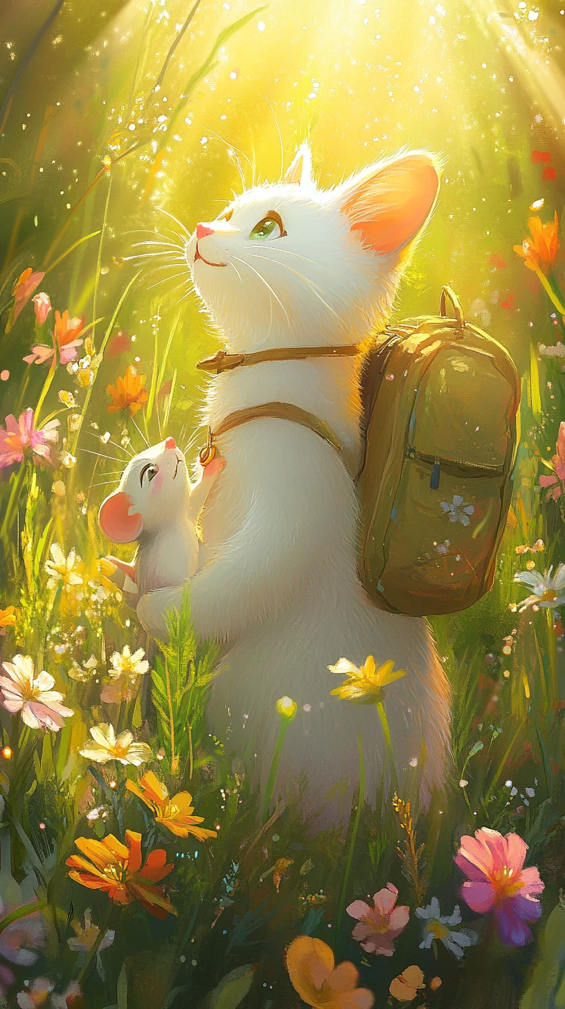 White cat and smiling mouse in a sunny green meadow