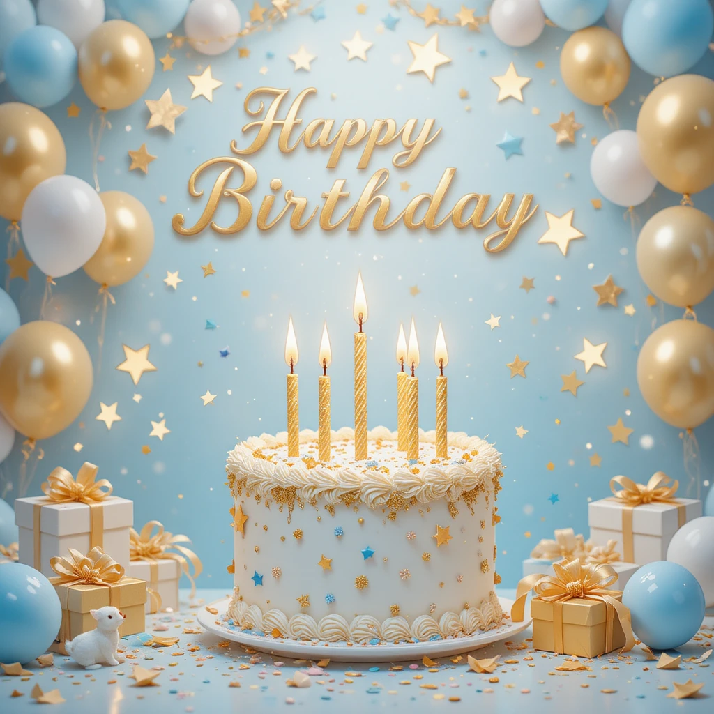 可愛的粉彩生日場景，搭配蛋糕與氣球
