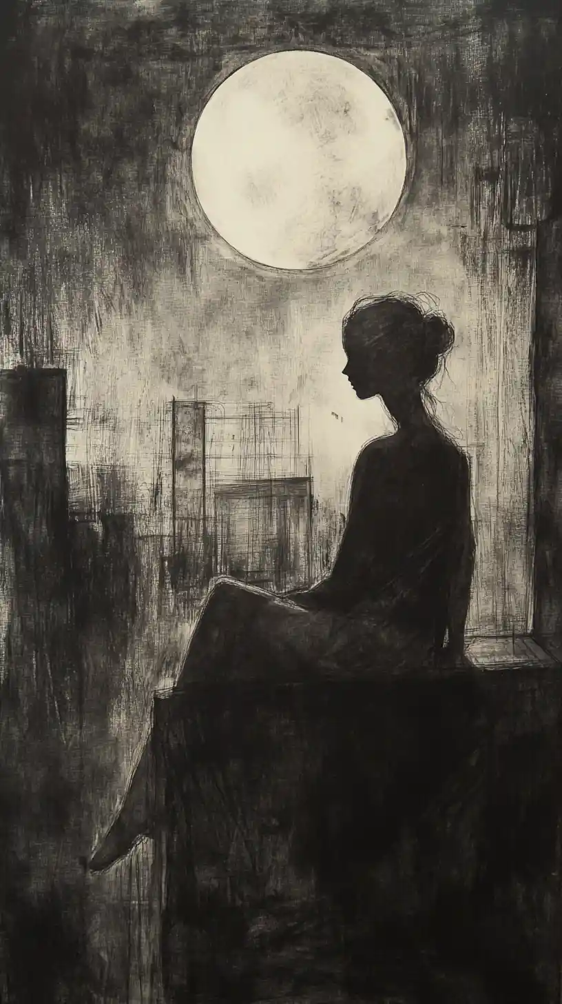 Ragazza malinconica sul bordo del tetto sotto la luminosa luna piena