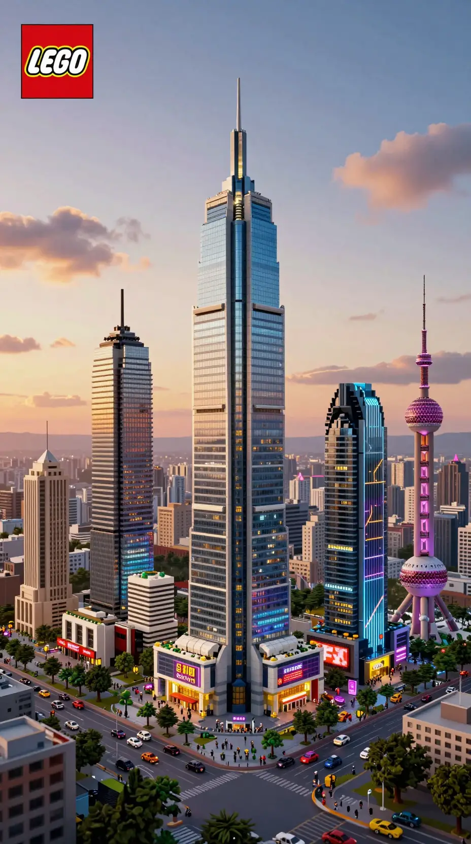 Paesaggio urbano Lego futuristico con grattacieli illuminati al neon