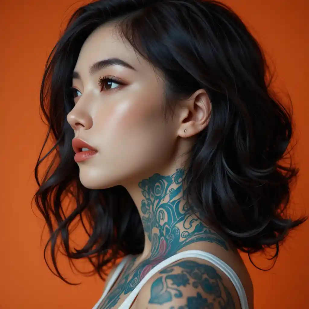 Profile portrait of tattooed woman against orange background