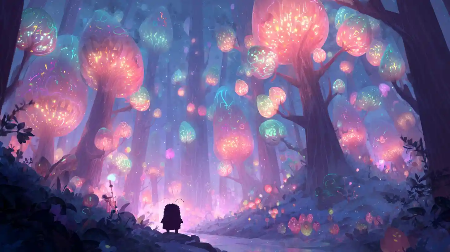 Dreamlike Fantasy Forest With Glowing Lantern Trees