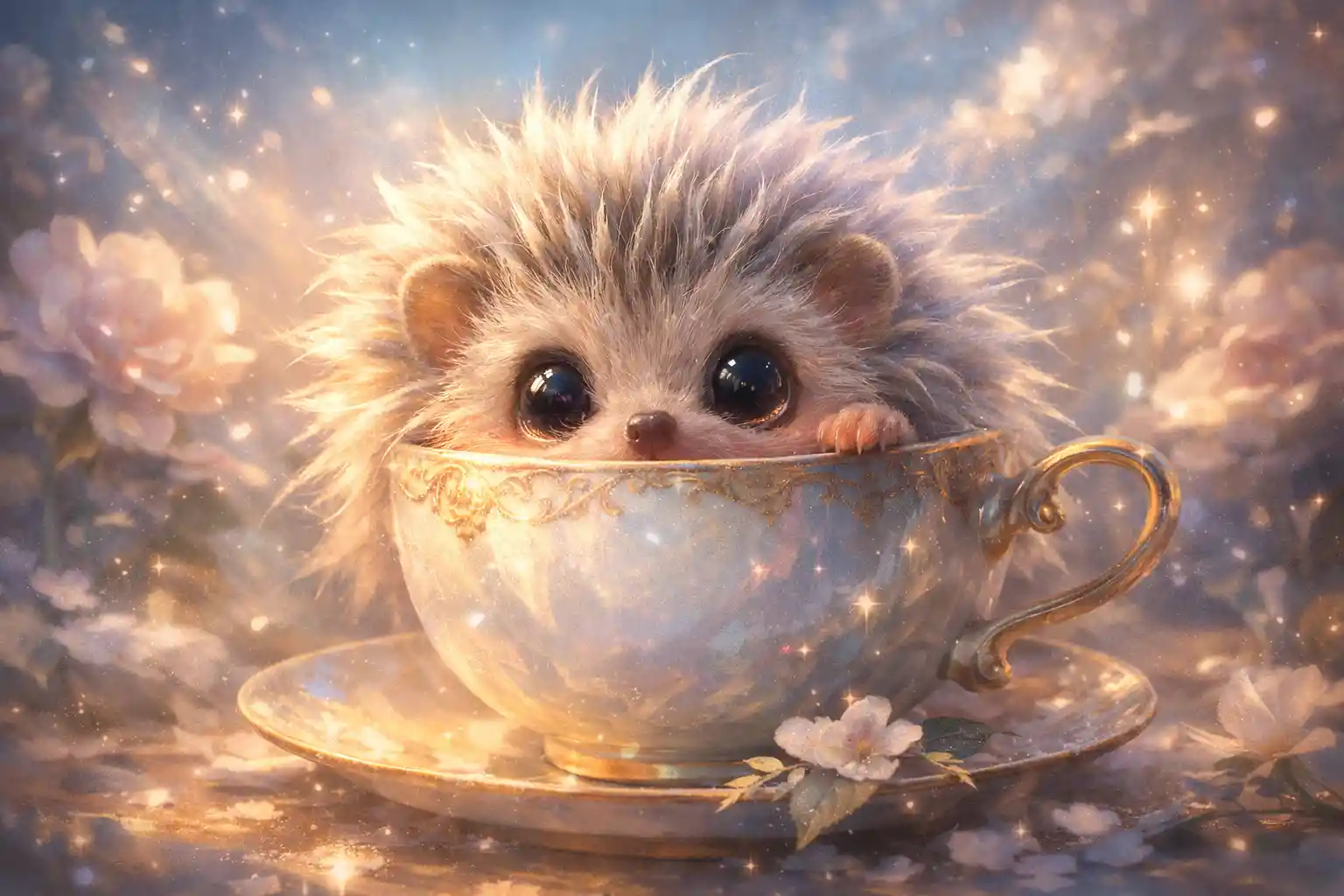 Tiny baby hedgehog peeking out from behind a teacup