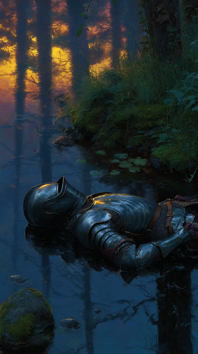 Armored knight floating peacefully on a twilight forest pond