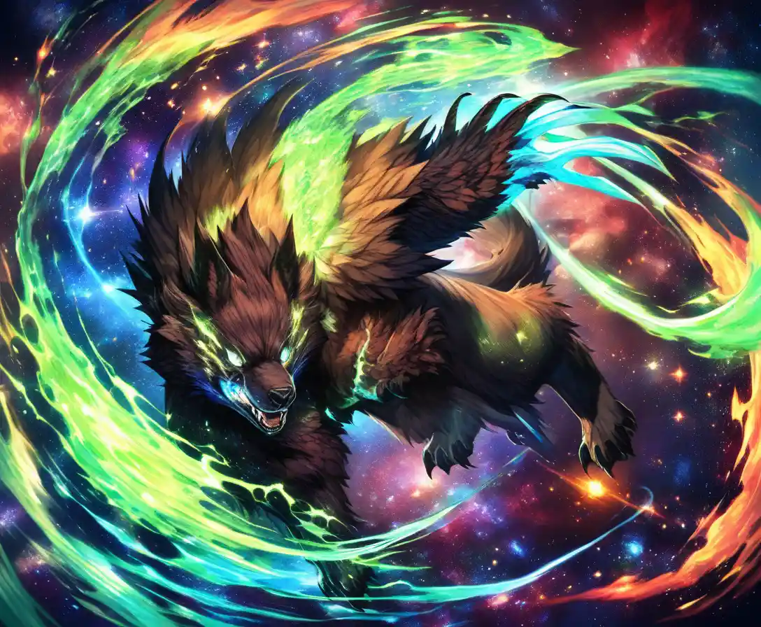 Feral fantasy beast leaping through glowing cosmic energy