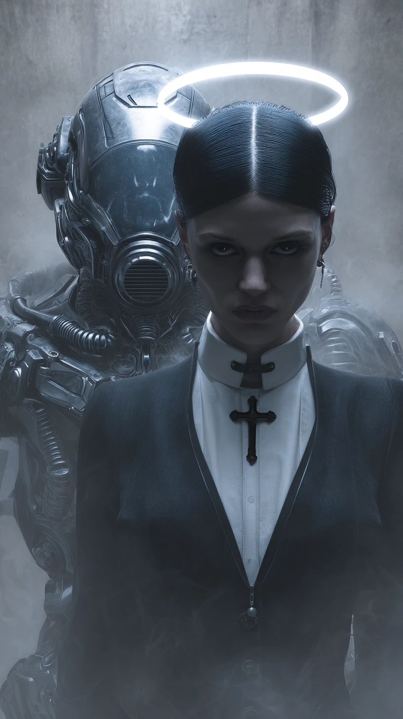 Sinister voodoo man confronting a fearful parish priest