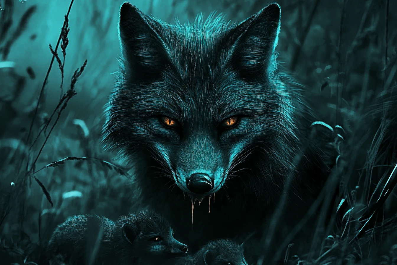 Bioluminescent Fox Guarding Her Young In The Dark Forest