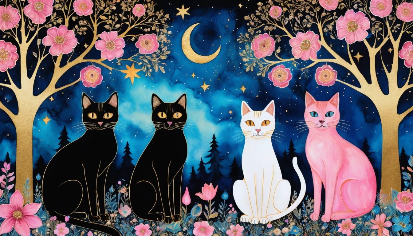 Whimsical cats in a folk art garden under star garlands