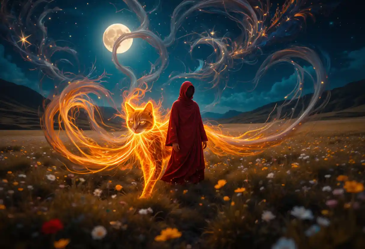 Mystical Fiery Cat With Monk In Golden Moonlit Meadow