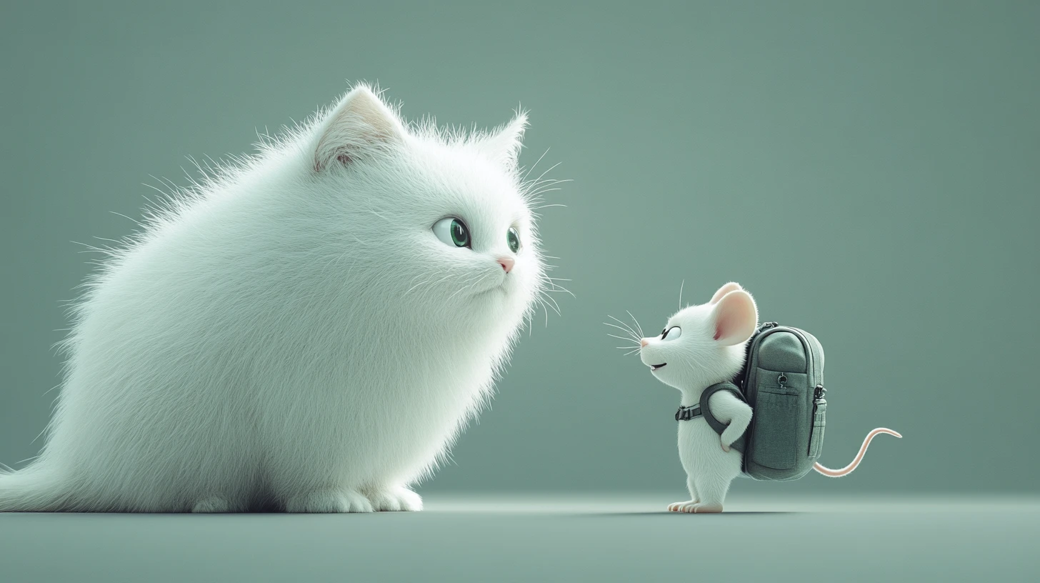 Gato blanco 3D frente a un ratón sonriente con mochila