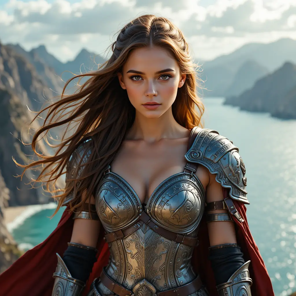 Fantasy female warrior on a windy coastal cliff