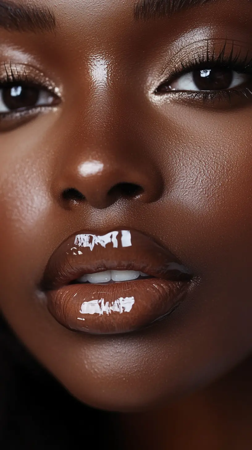 Macro beauty portrait of a black woman with glossy lips