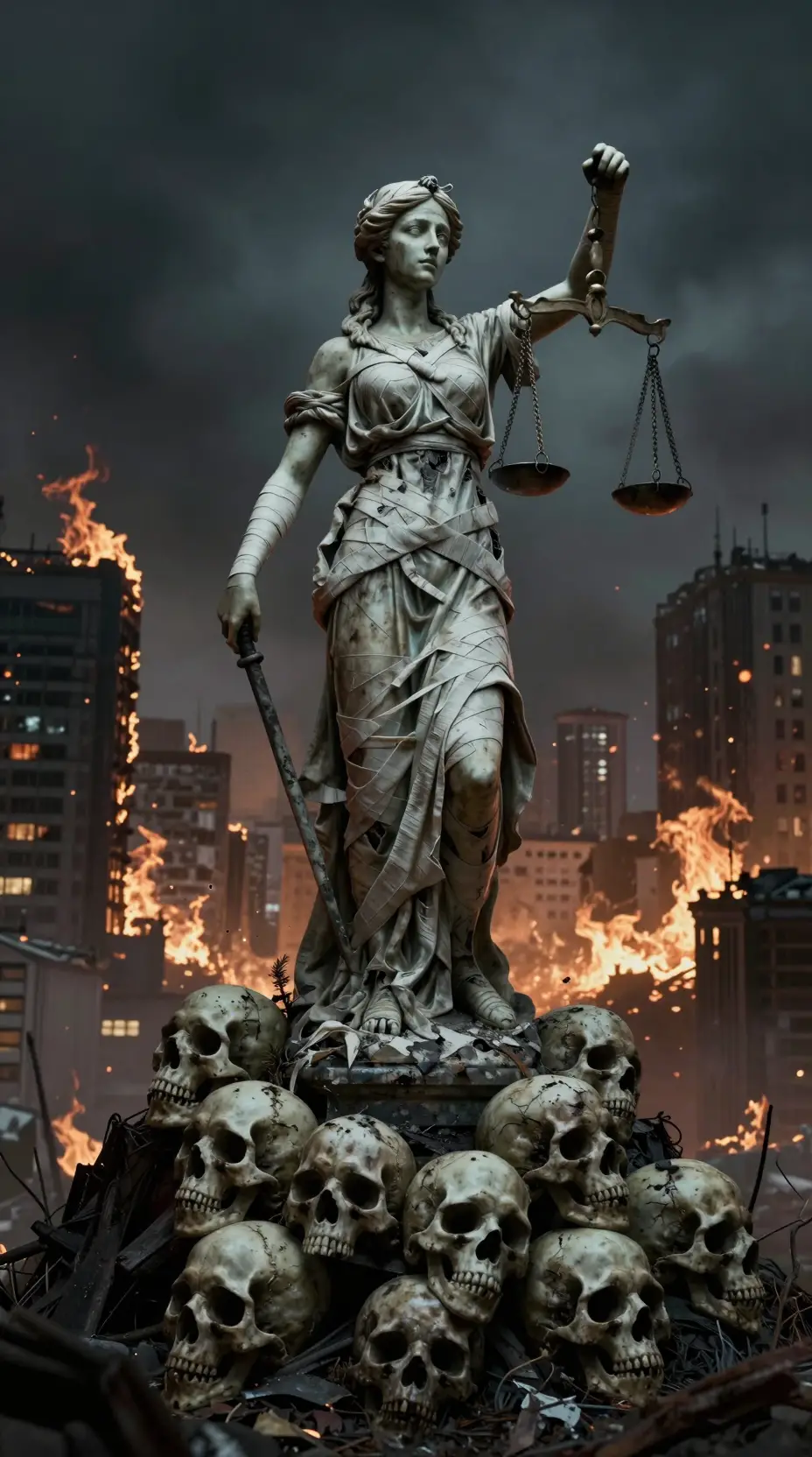 Bandaged statue of justice above a burning ruined city