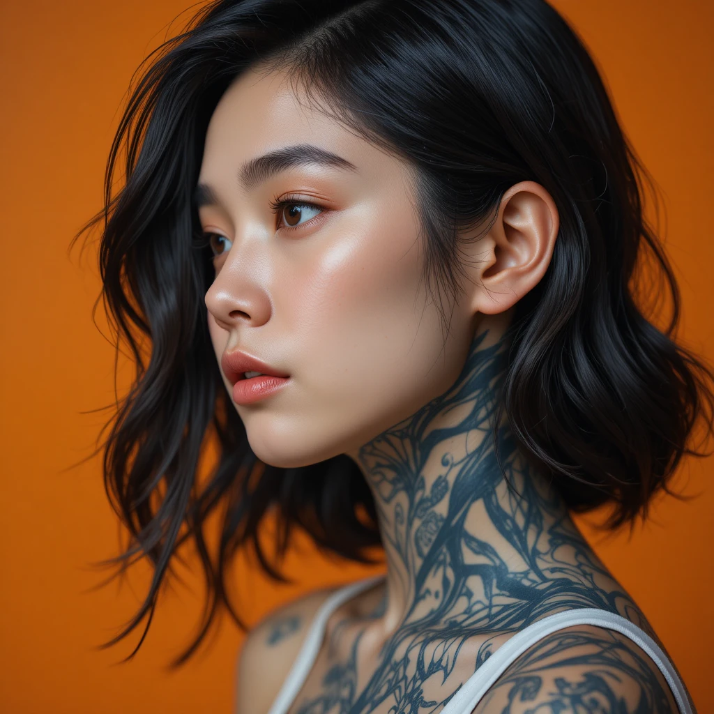 Profile portrait of a young woman with half tattooed face