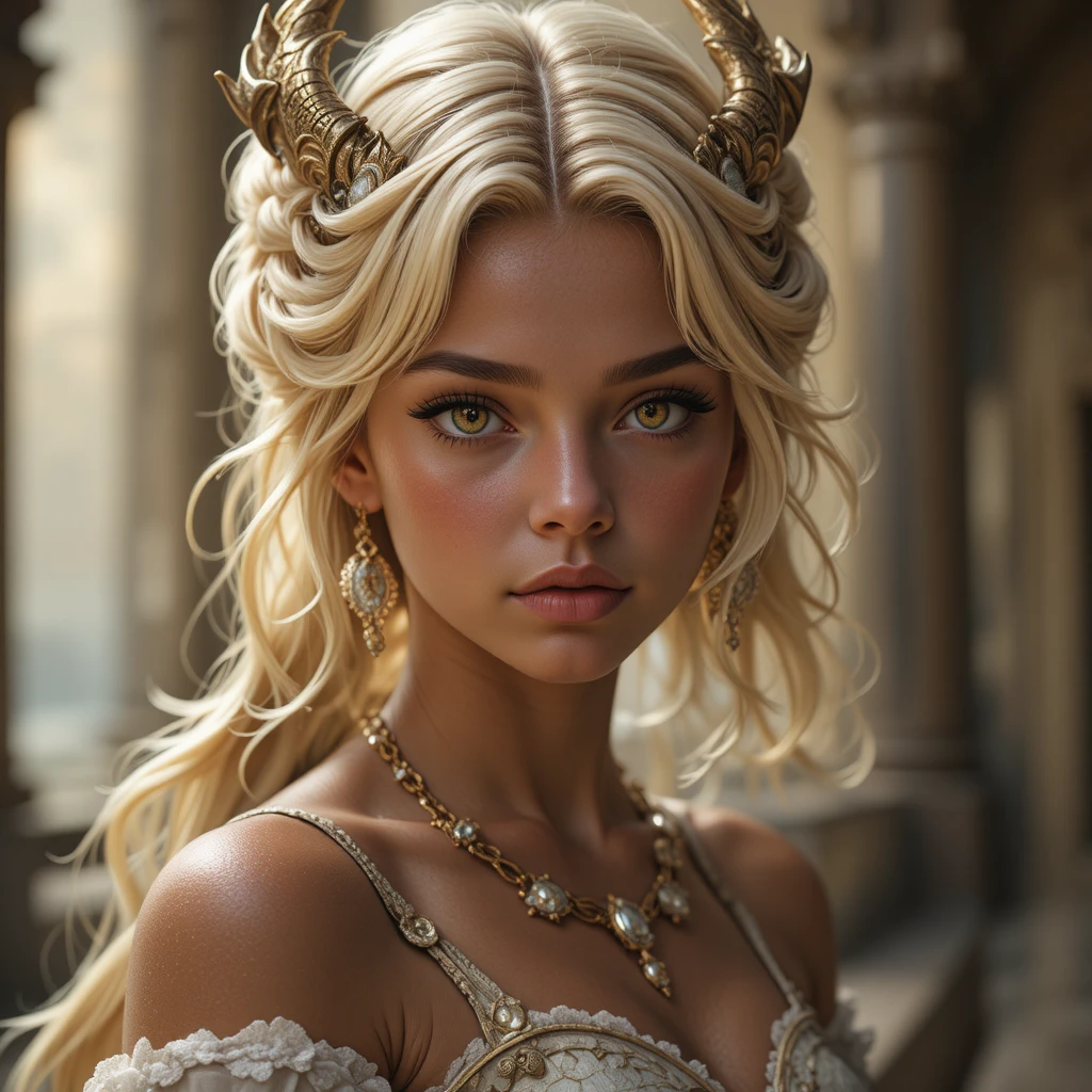 Young dragon goddess of fate with golden hair and horns