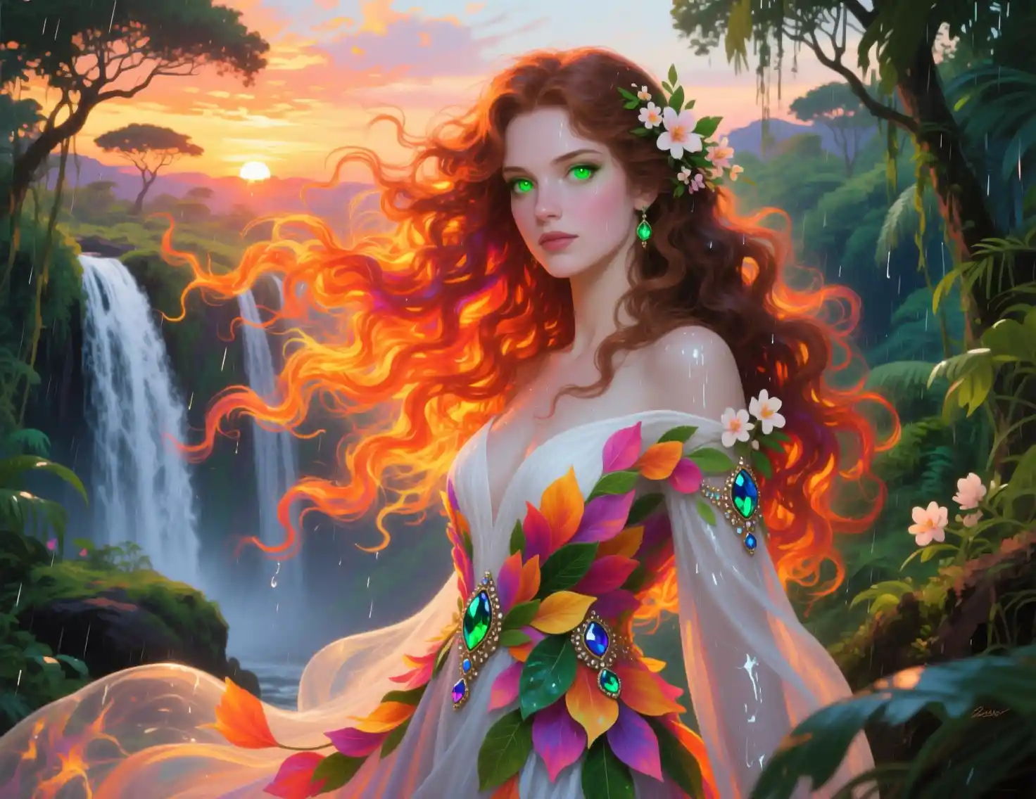 Enchanting woman with fiery hair in an African jungle