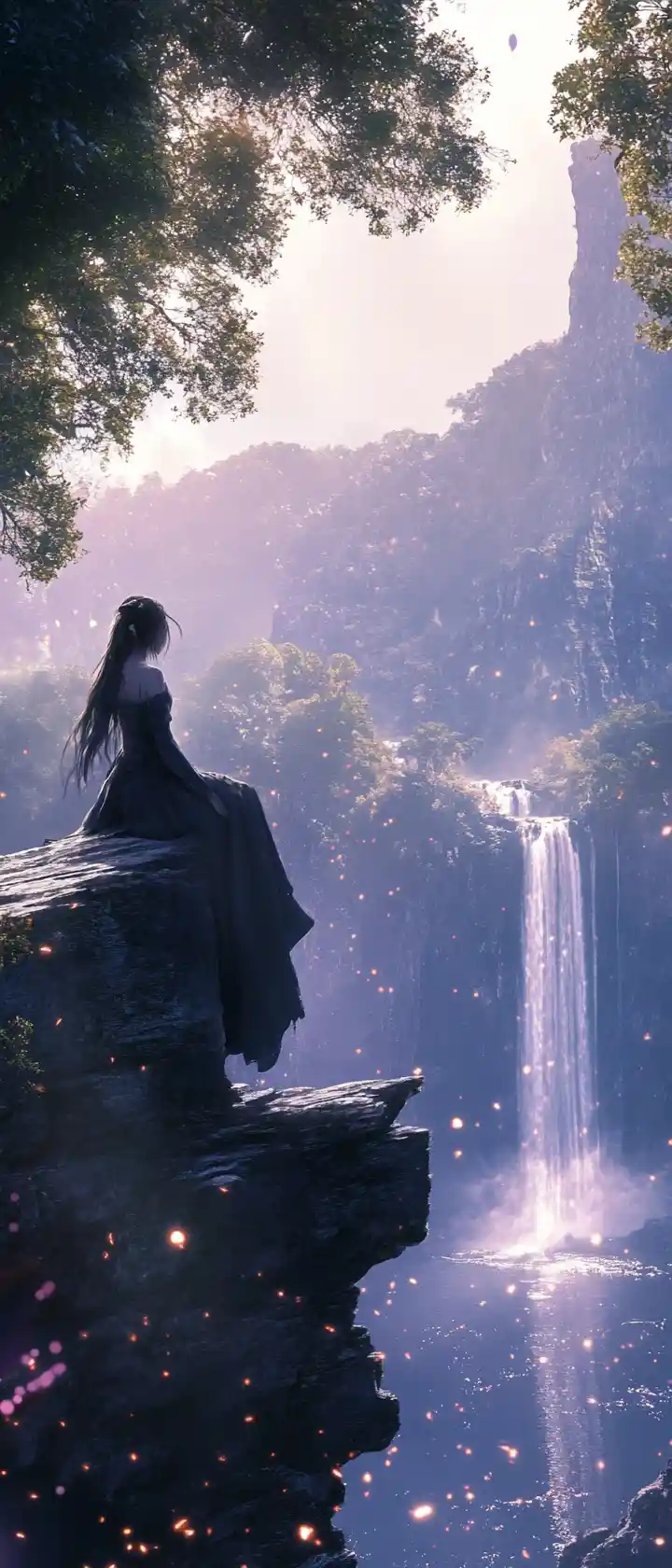 Solitary sorceress at the edge of an ancient waterfall