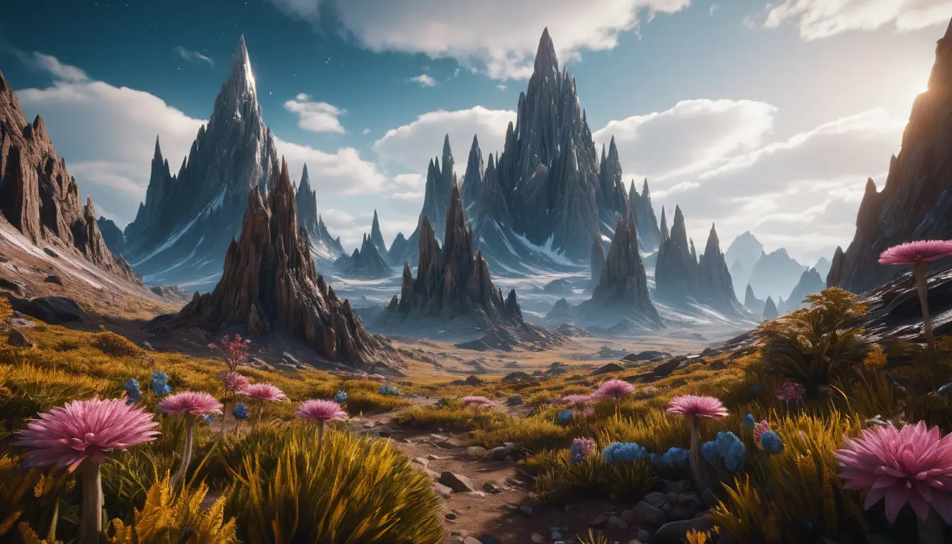 Cinematic alien peaks and valleys under a vibrant sky