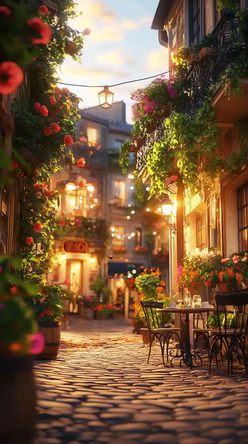 Romantisches Pariser Straßencafé im goldenen Abendlicht