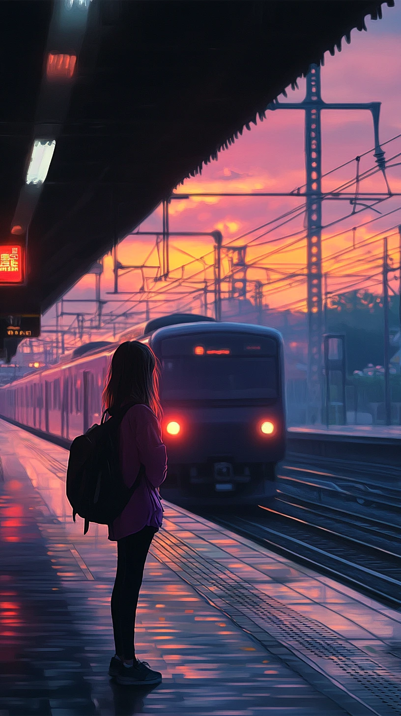 Girl waiting with backpack on quiet twilight train platform