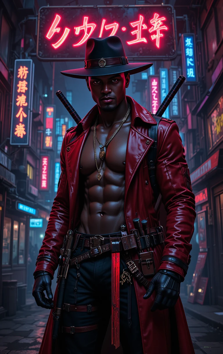 Cyberpunk swordsman in red coat under neon city lights