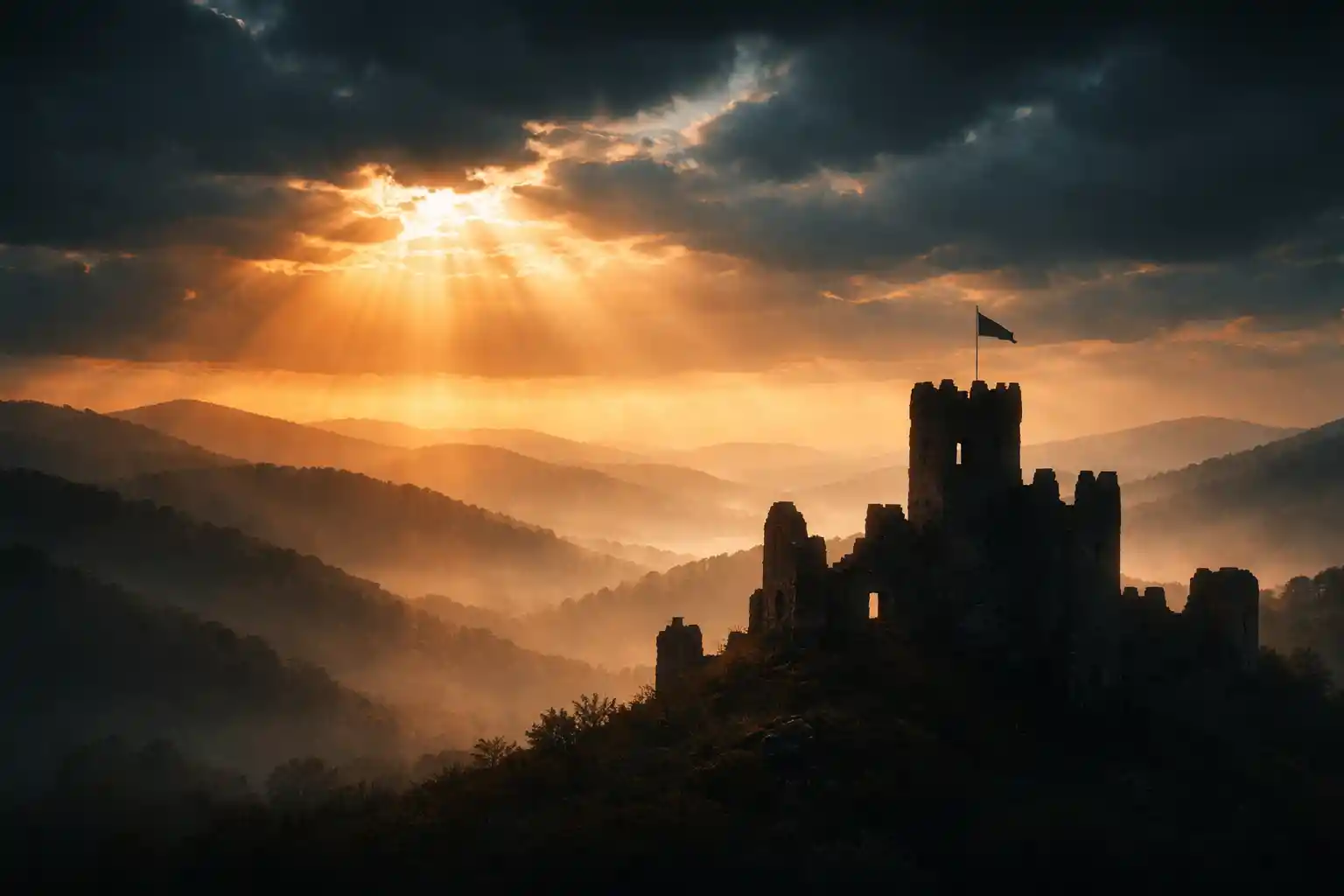 Silhouette di Castello di Pietra in Rovina contro Colline al Tramonto Luminoso