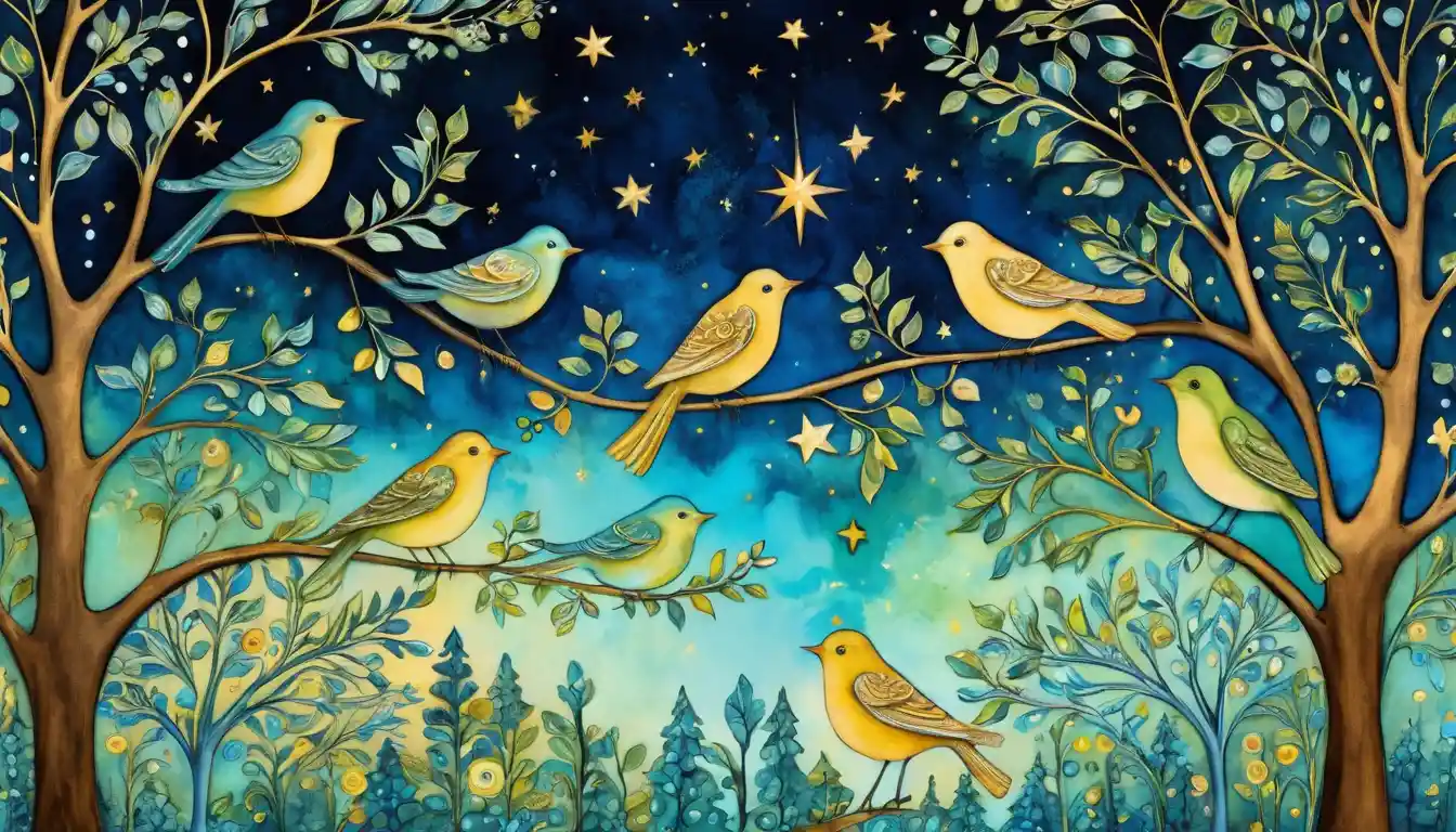 Whimsical birds in a psychedelic fantasy garden at night