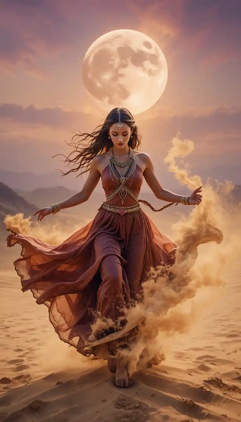 Desert dancer in flowing silks under a mystical moon