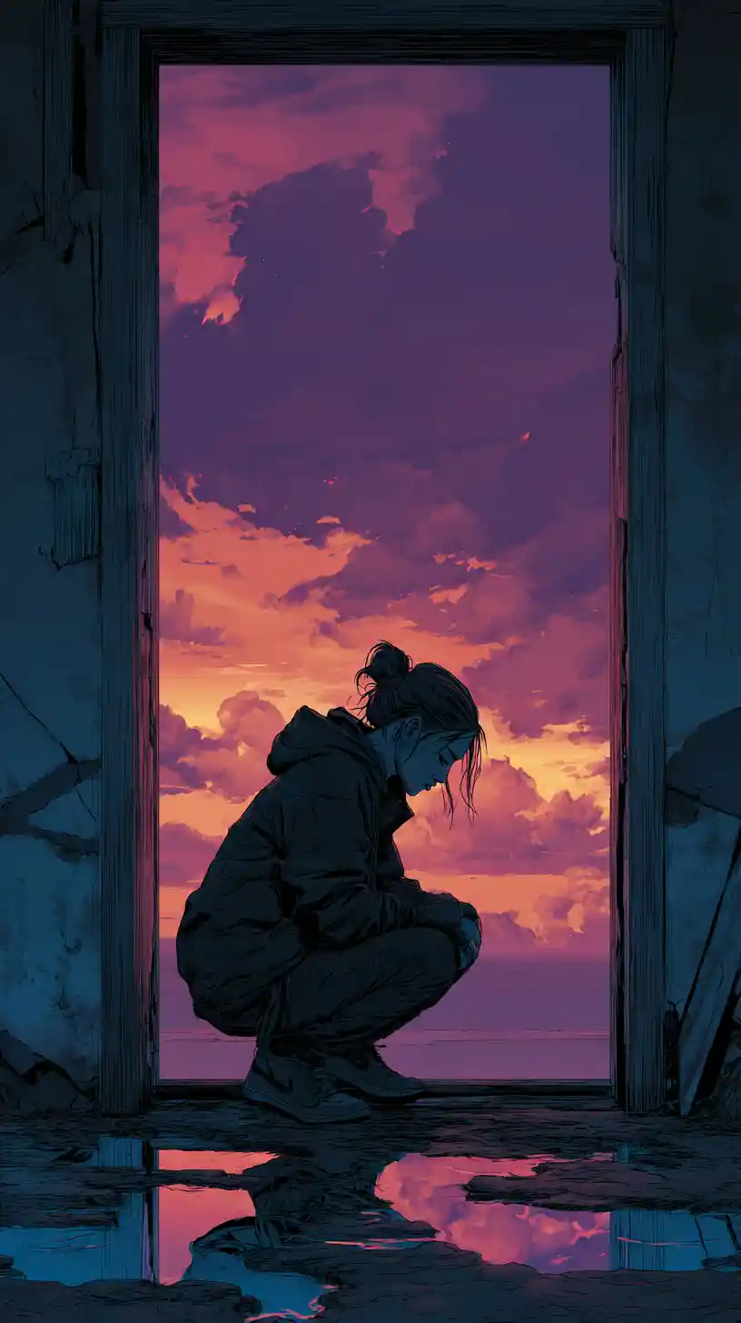 夕暮れの空が輝く前の廃墟の部屋でしゃがむ少女