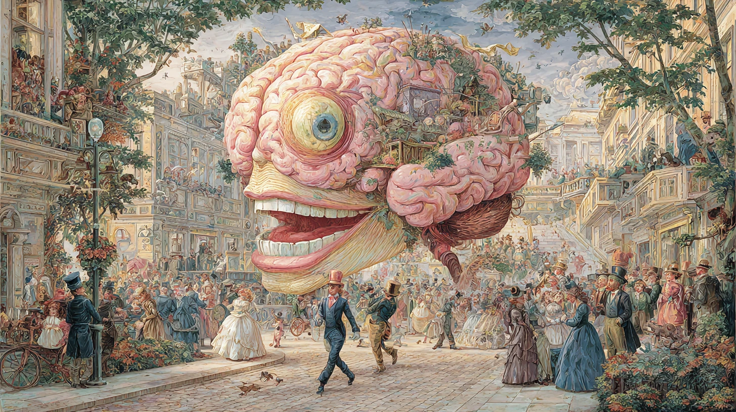 Whimsical Brain Gentleman Strolling A Colorful City Street