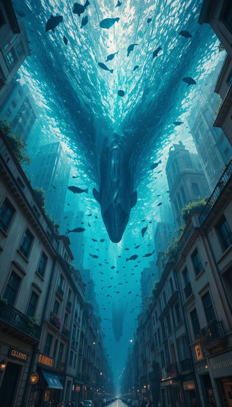 Calles de la ciudad bajo un techo de vidrio de océano invertido