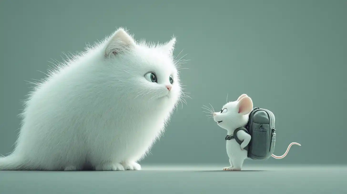 3D white cat facing a smiling mouse with backpack