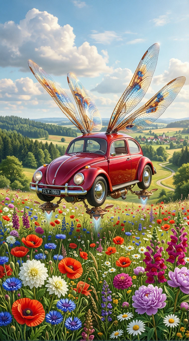 Coche escarabajo rojo volador con alas sobre un prado de flores soleado