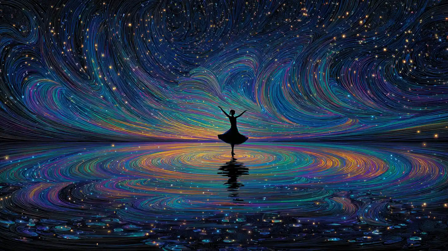 Lone dancer under a starry sky with swirling vibrant light