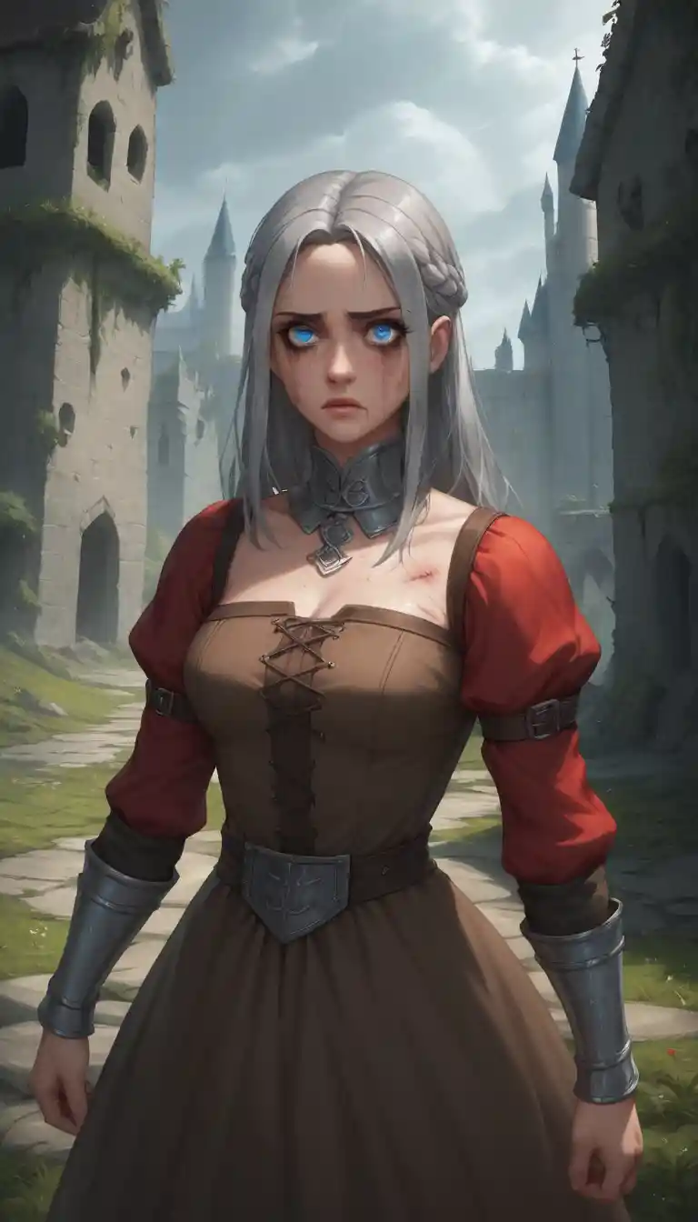 Wounded silver haired warrior woman in castle ruins