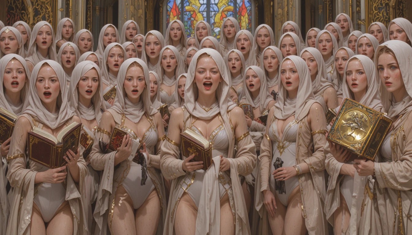 Coro de monjas guerreras acorazadas cantando ante un vitral