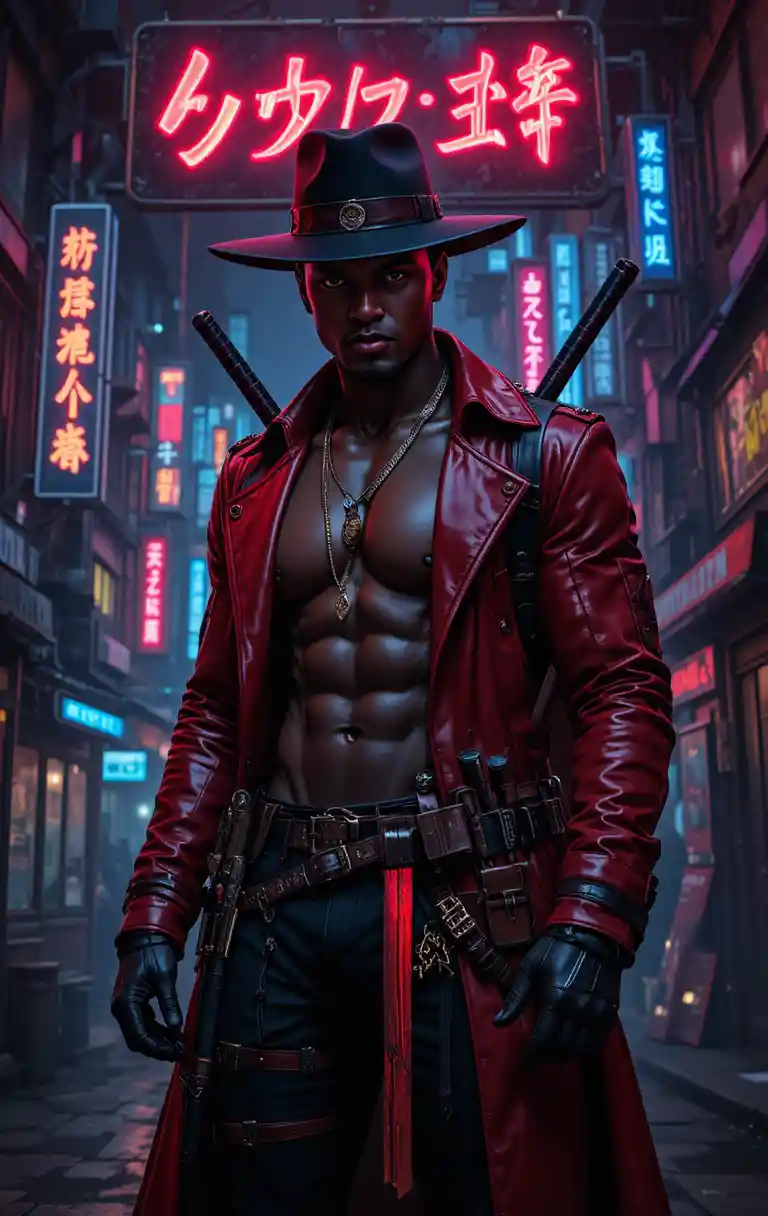 Cyberpunk swordsman in red coat under neon city lights