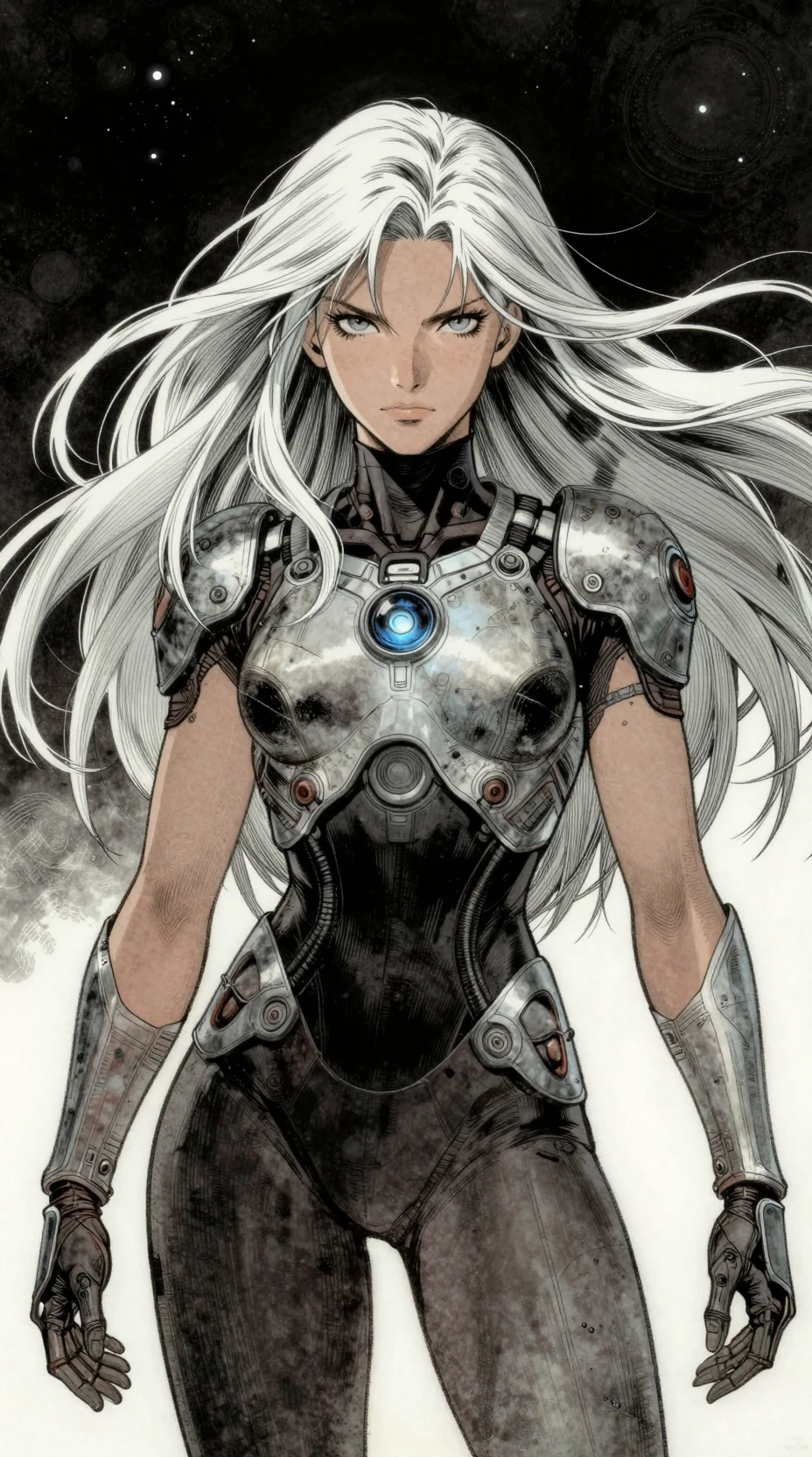 Close up sci fi portrait of a woman in vast space
