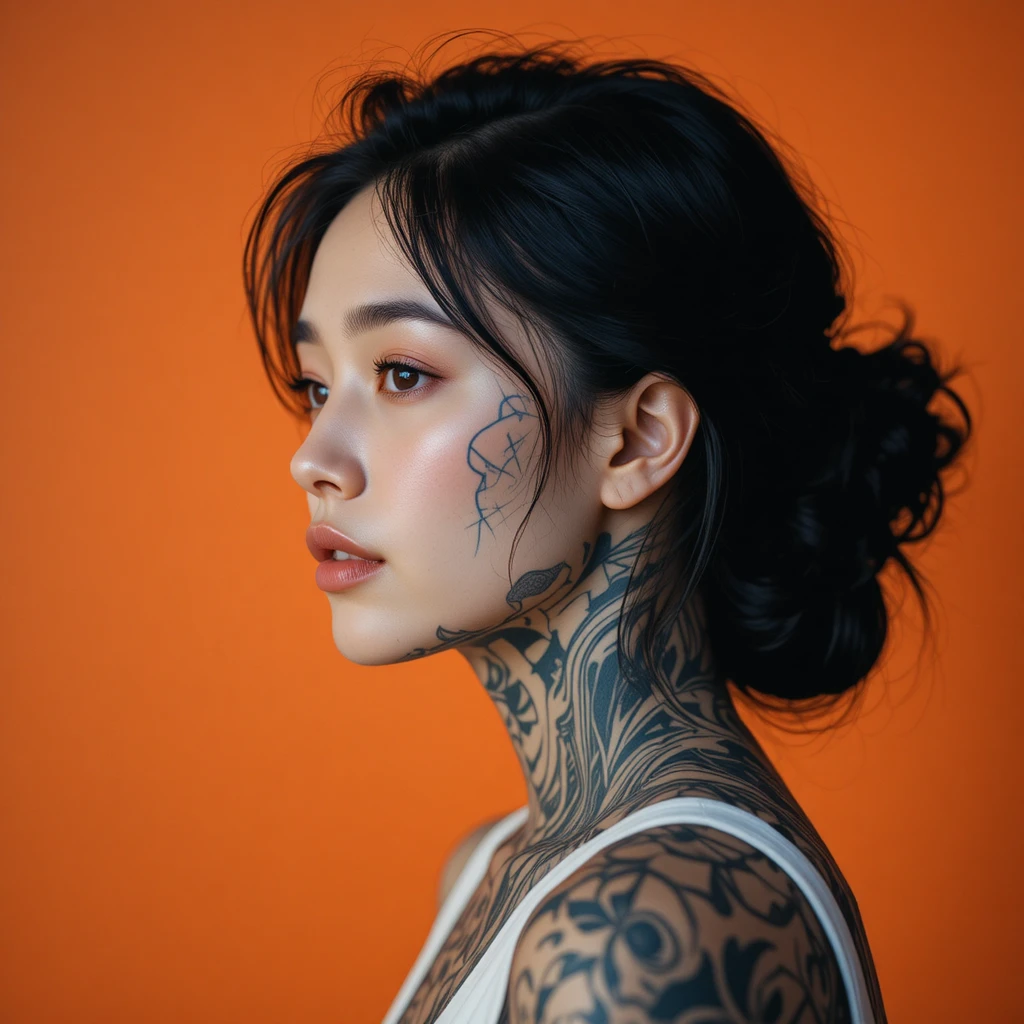 橘色背景下的刺青女子側臉人像