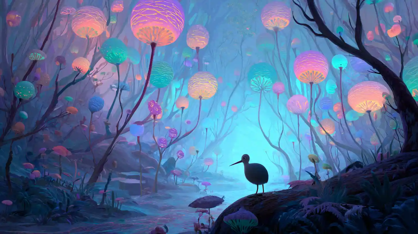 Foresta fantasy da sogno con alberi lanterna luminosi al crepuscolo